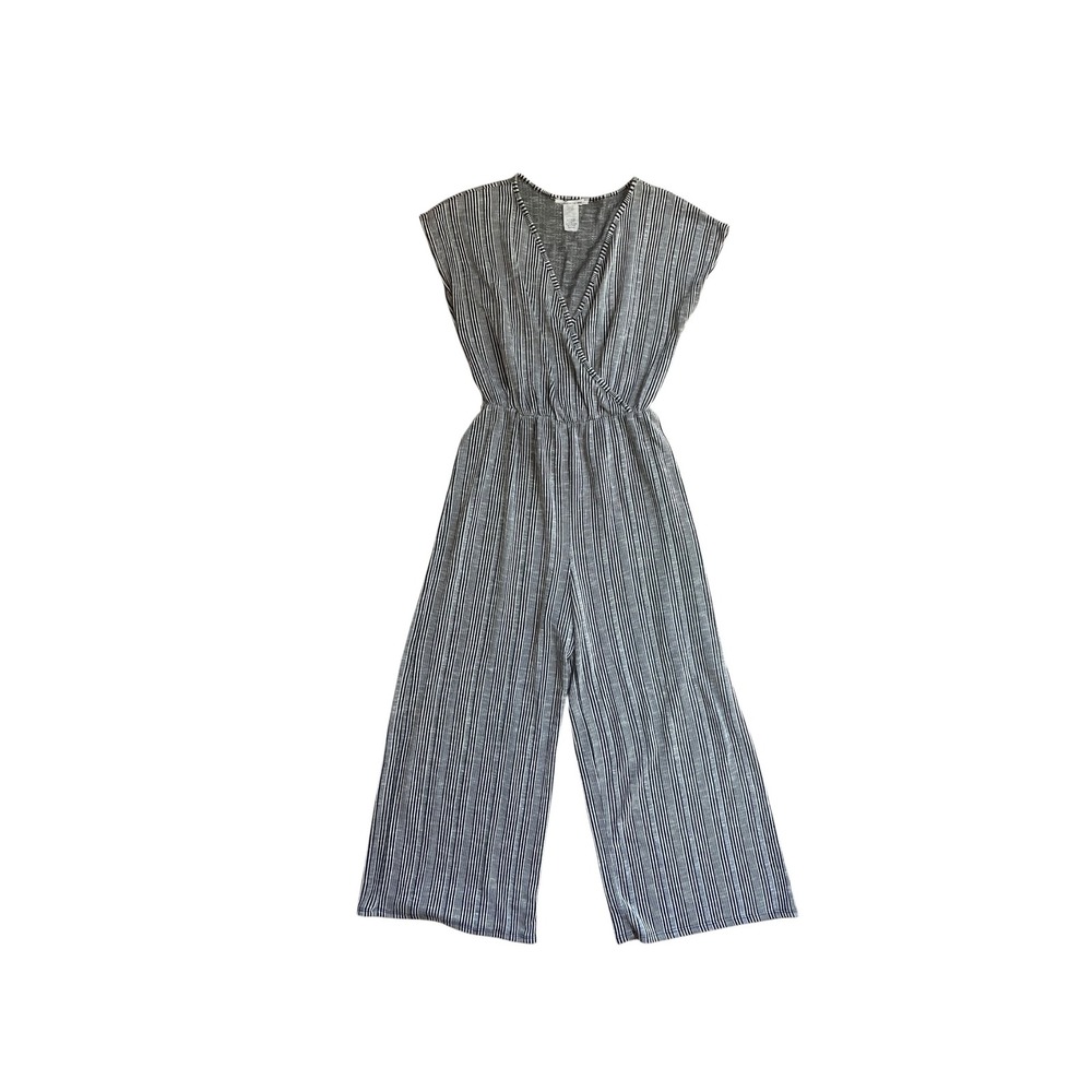 Caution to the Wind Striped Surplice Jumpsuit Black White Wide Leg Medium